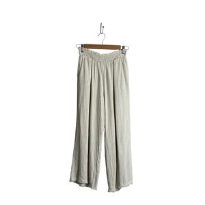 Solai Small Oatmeal Linen Raw Hem Cropped Pants‎ Comfort Pockets Elastic Waist